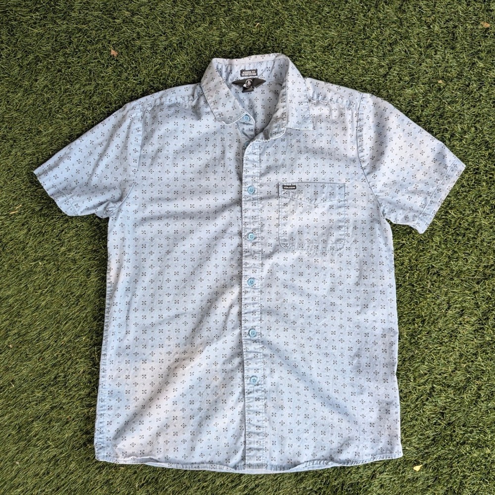 Bleached Distressed Volcom Mens Short Sleeve Button Up Shirt Blue Small Skate